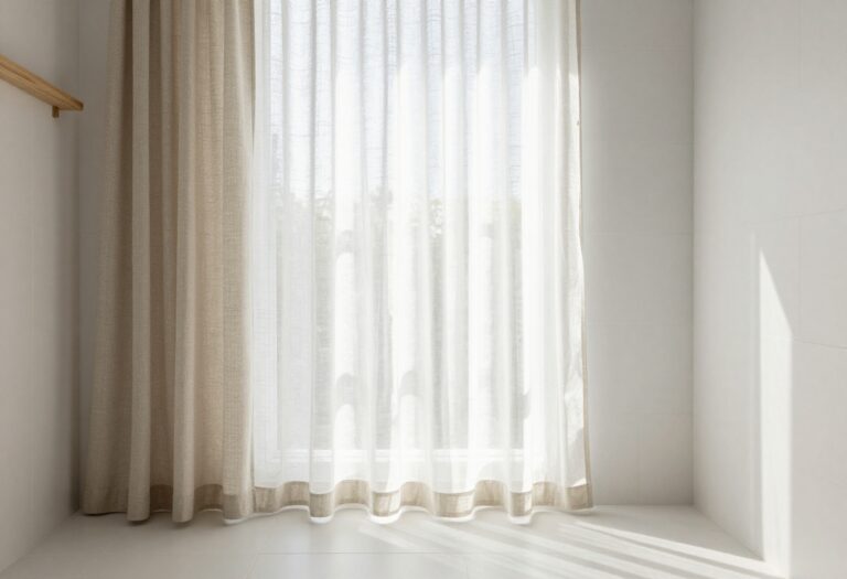 Modern bathroom featuring a textured linen shower curtain layered with a sheer panel, set against white tiles and wood accents in natural light.