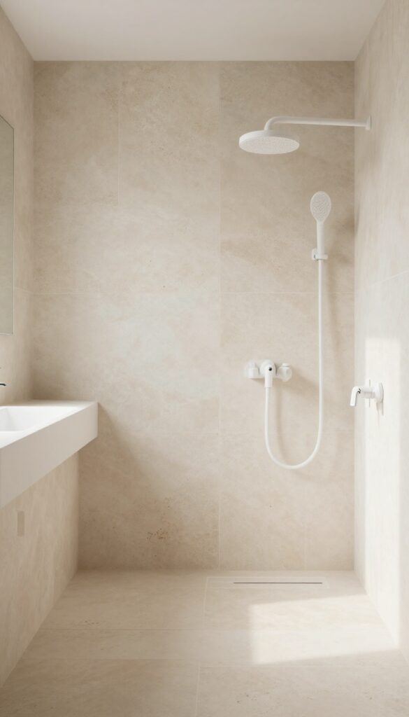 A small bathroom with light-colored stone walls and floor in beige or cream tones, featuring white fixtures and natural lighting for a spa-inspired, airy look.
