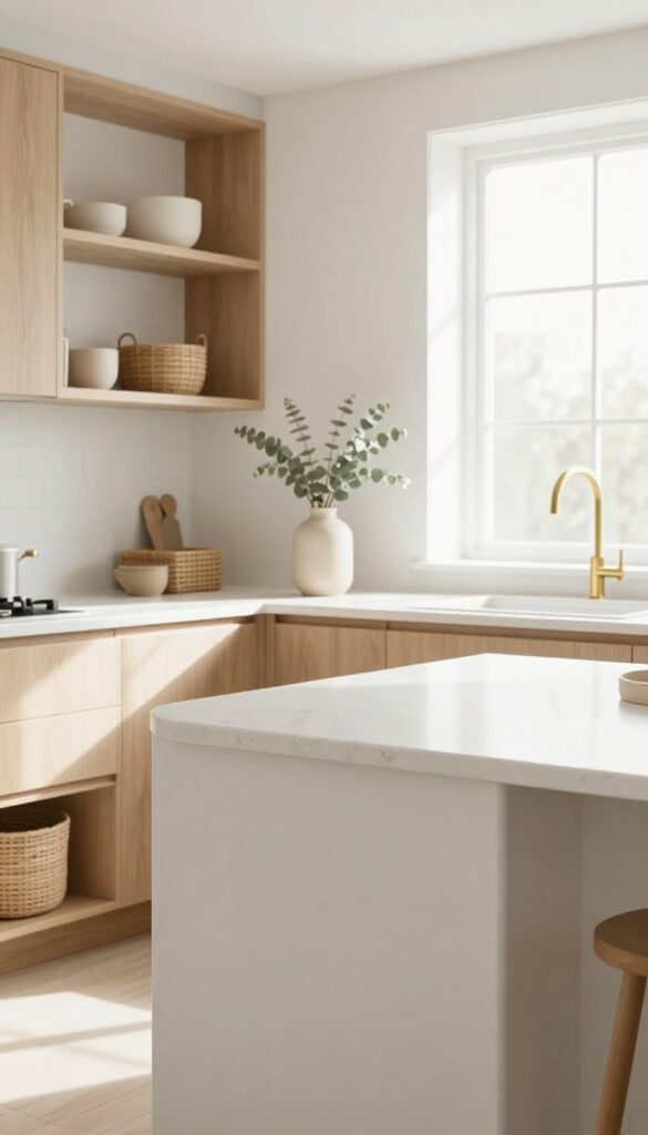 Bright kitchen island with rounded bullnose edge on white quartz countertop, pale wood shelves, matte brass hardware, and dried eucalyptus in a ceramic vase.