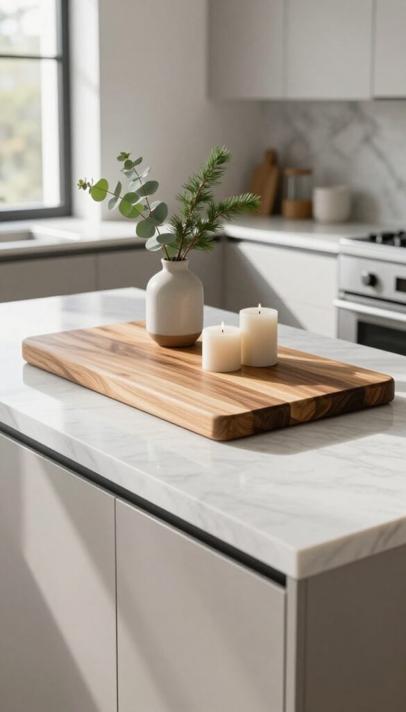 Layered wooden cutting boards on a modern kitchen island with greenery and candles