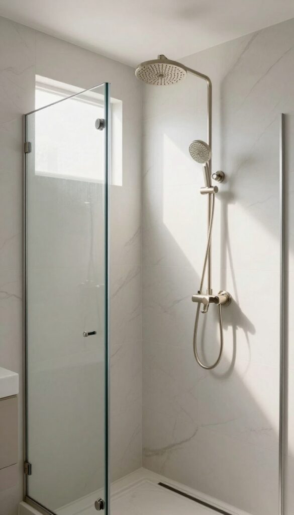Modern dual showerhead system with overhead rain shower and handheld unit in a bright bathroom.