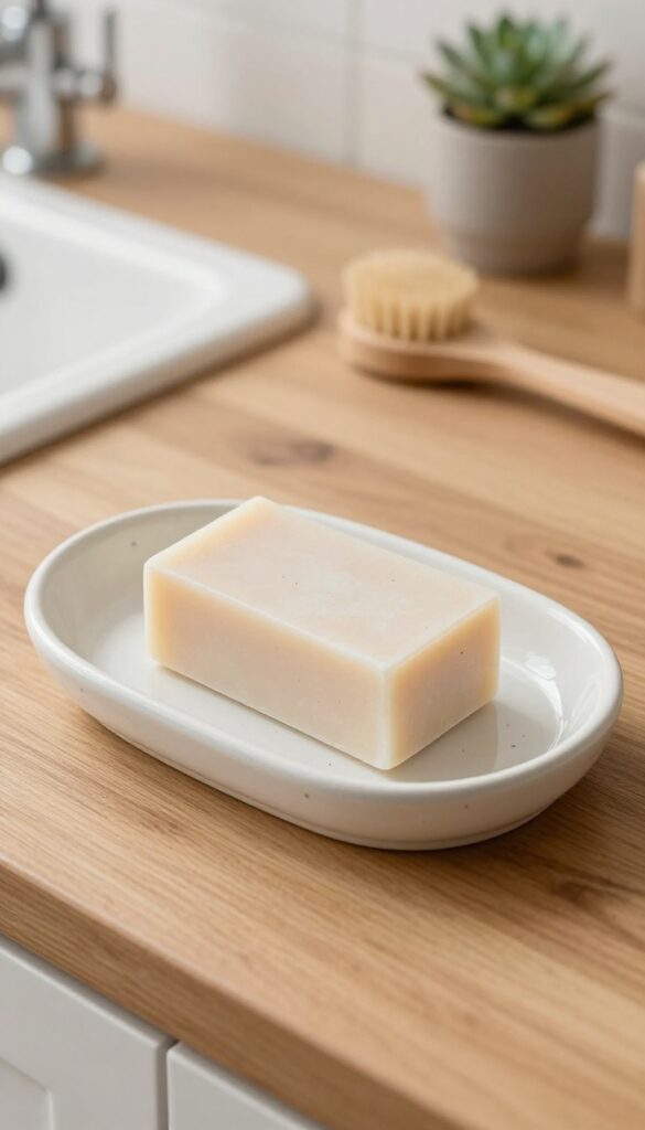 Hand-thrown ceramic soap tray with subtle speckles on a wooden counter near a farmhouse sink
