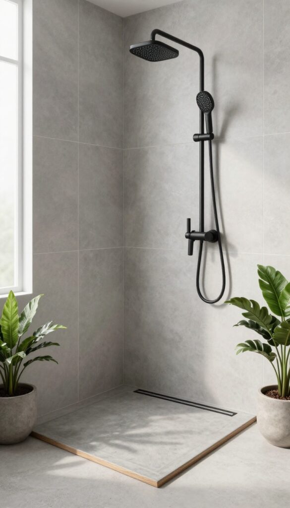 Modern bathroom with concrete shower base, teak mat, matte black fixtures, and green plant.