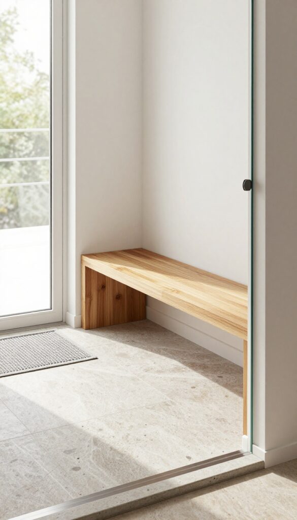 A neo angle shower featuring a practical teak wood bench for seating and storage, enhancing functionality and luxury in a bright, modern bathroom setting.