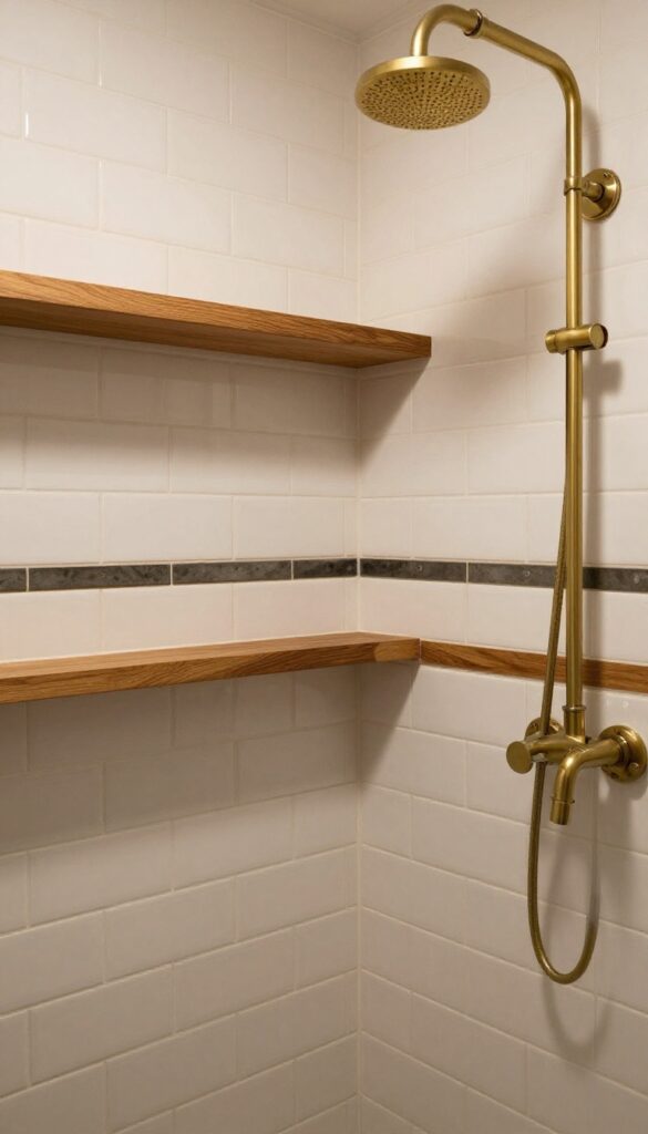 A photorealistic pony wall shower mixing subway tile, wood shelf, and metal trim in bright natural light, showcasing layered materials for a polished bathroom design.
