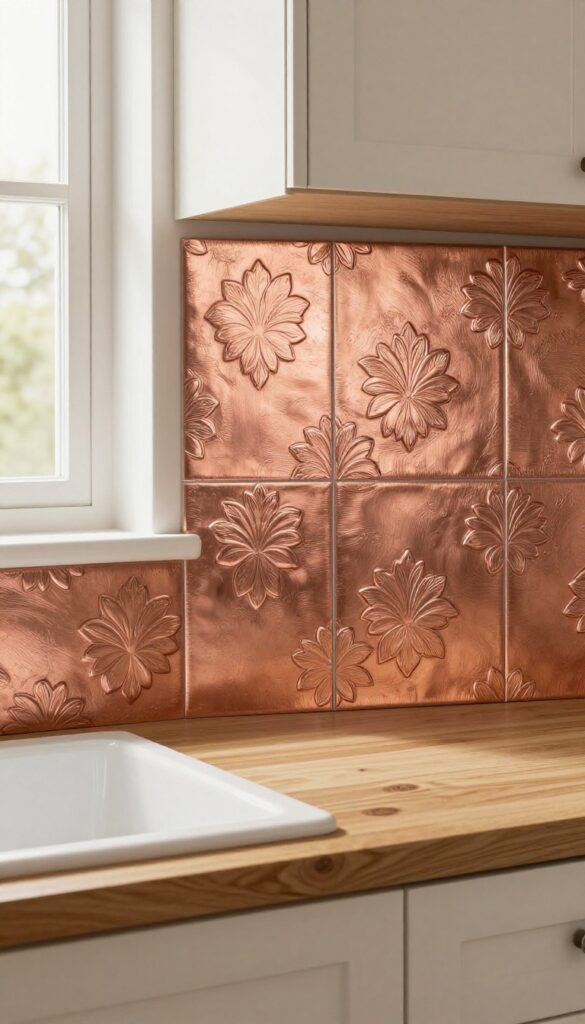 Faux tin ceiling tiles in brushed copper tone as kitchen backsplash with warm wood shelves and cream cabinets.