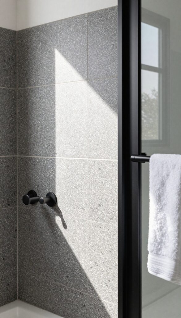 Dark terrazzo tiles in a shower with playful speckled pattern, retro-modern style, bright lighting, and minimalist fixtures.