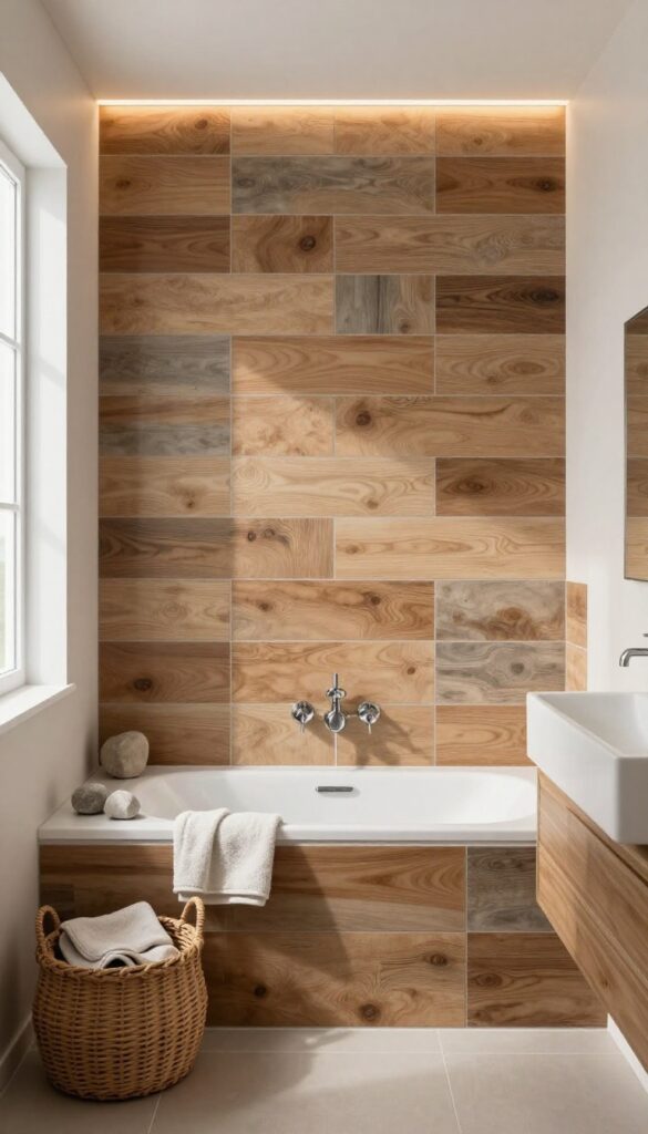 A cozy shower interior featuring wood-look tiles on the backsplash with realistic wood grain and texture, bathed in bright natural light and warm accents for a rustic, inviting bathroom upgrade.