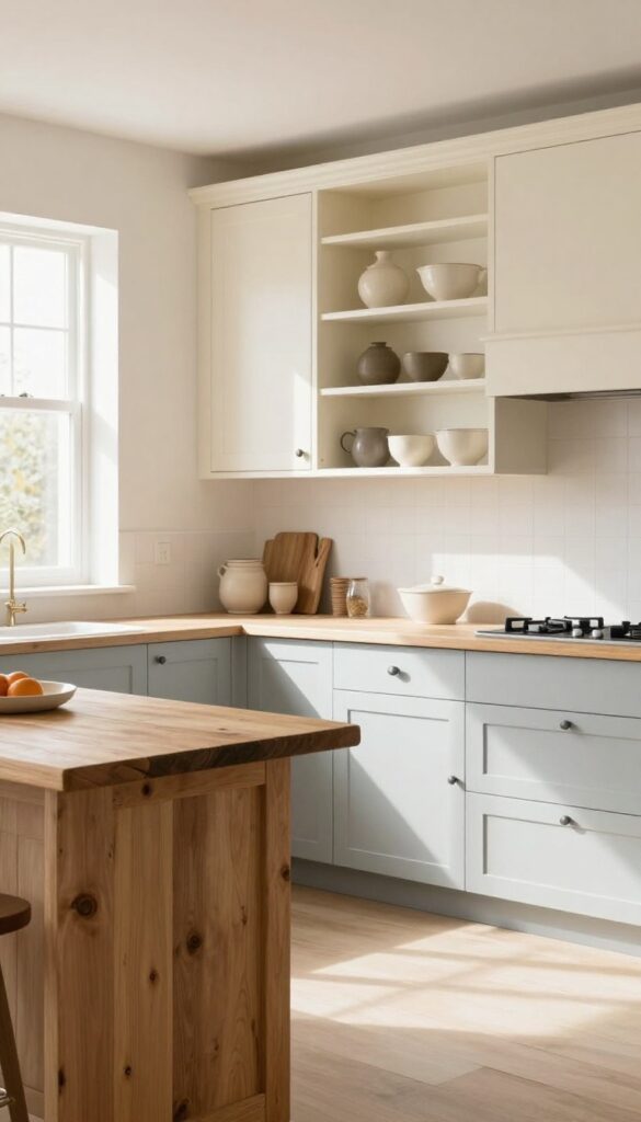 Light and airy country kitchen with cream and pale blue cabinets, butcher-block countertops, and open shelving.