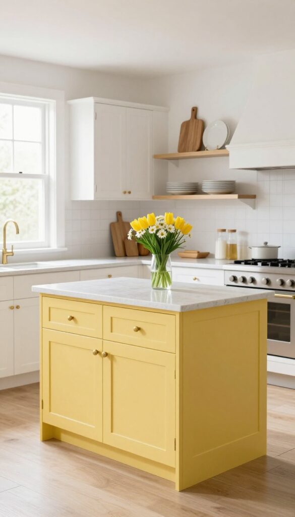 Butter yellow kitchen island with white cabinets and countertops, natural wood accents, fresh flowers, bright sunlight.