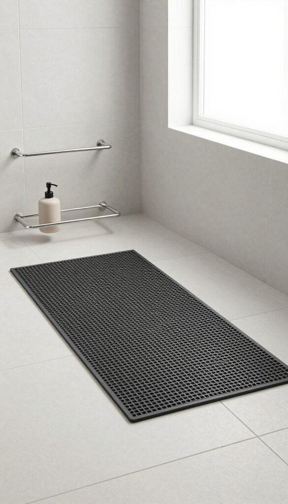 A modern non-slip rubber mat with clean lines on bathroom tiles, paired with neutral accessories in bright natural light.