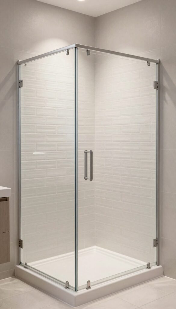 A modern bathroom shower enclosure with textured tile accents on the walls in neutral colors under bright natural light.