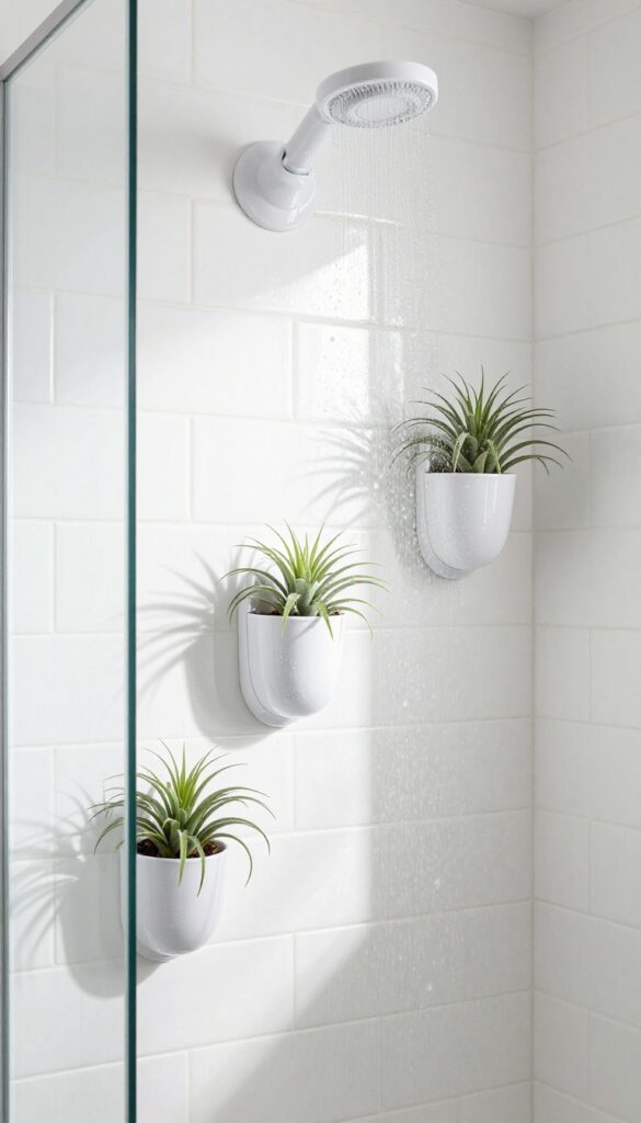 Suction cup planters with greenery on a shower wall
