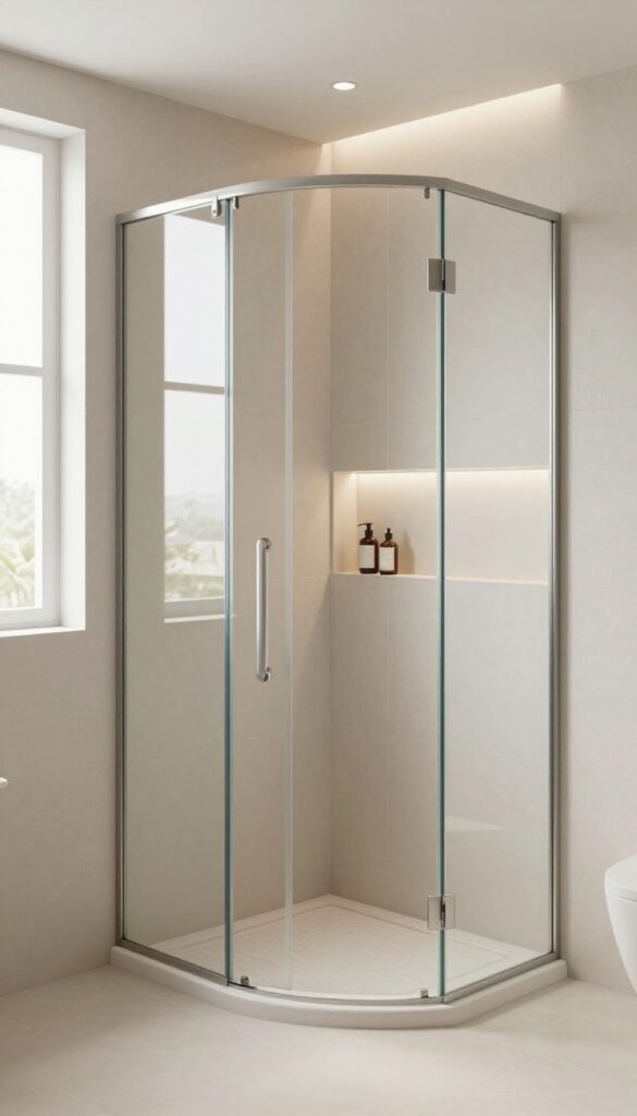 Corner shower in a small bathroom with curved glass doors, neutral tiles, and natural light to maximize space.