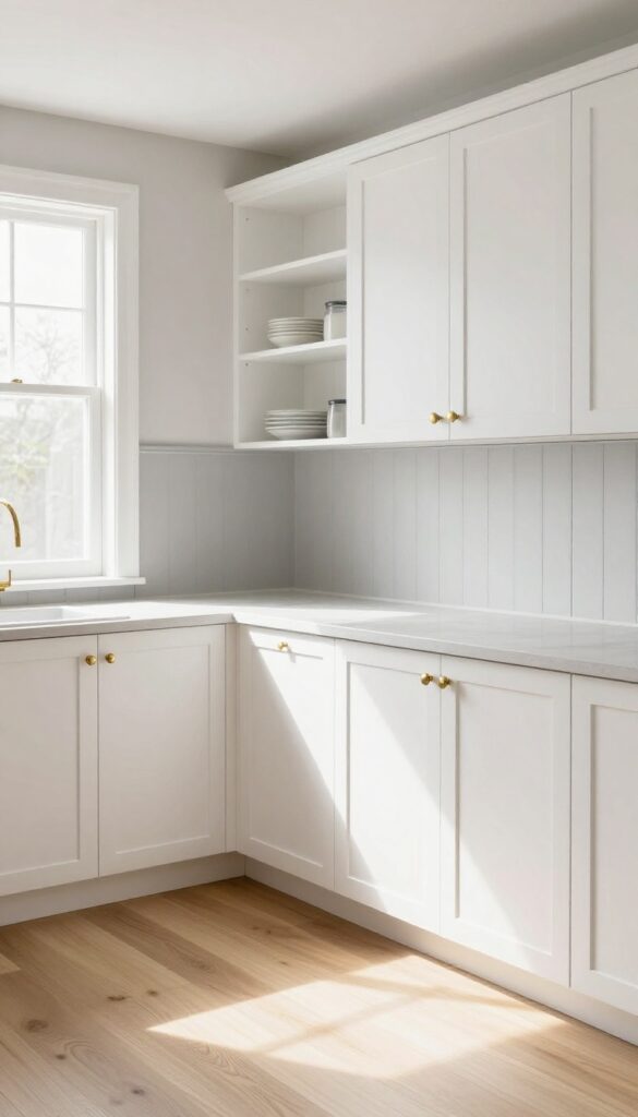 Narrow kitchen with two-tone wainscoting in soft gray and white, featuring white cabinets, brass hardware, open shelving, and natural light.