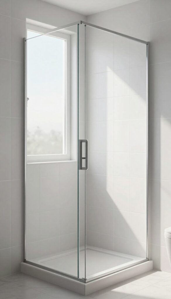 A bathroom shower with a window framed by a mosaic tile border, showcasing natural light and a polished, cohesive design in a photorealistic style