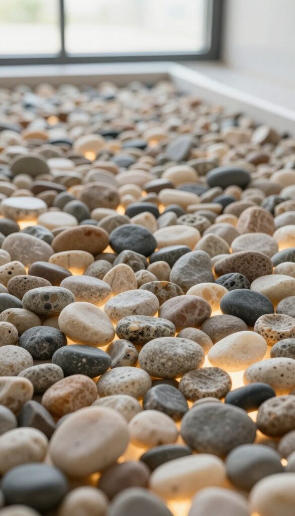 Close-up of a glowing pebble floor shower with LED lighting under stones, creating a warm nighttime effect in a bathroom.