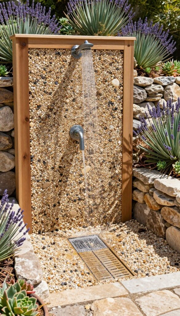 Outdoor gravel floor shower with drainage solutions in a rustic backyard setting, featuring mixed gravel textures, wooden frame, and surrounding plants under bright natural light.