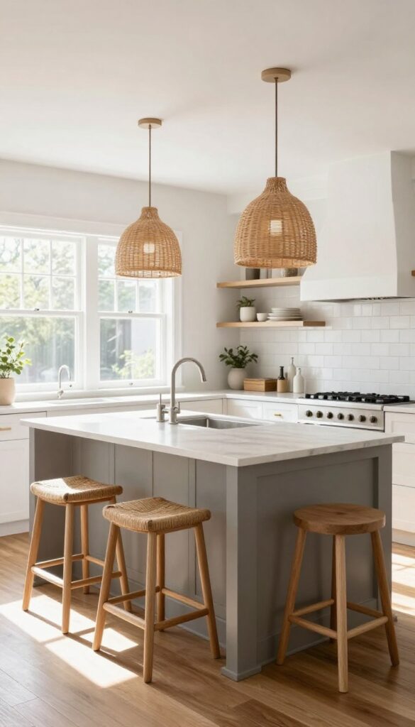Bright kitchen with white cabinets and a deep greige island, natural wood stools, woven pendants, marble countertop.