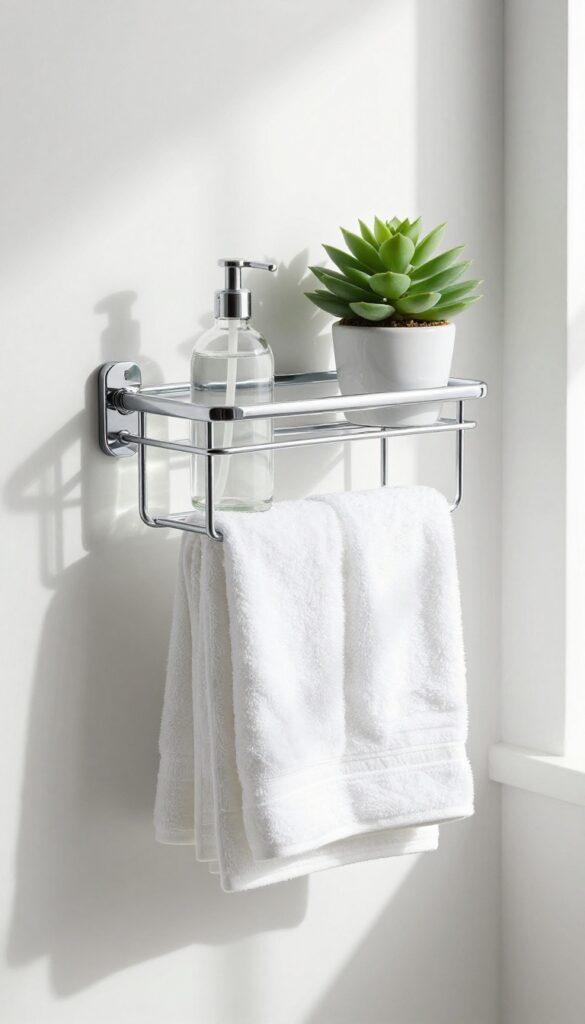 Minimalist chrome shower caddy in a bright bathroom with white towels and clear glass bottles