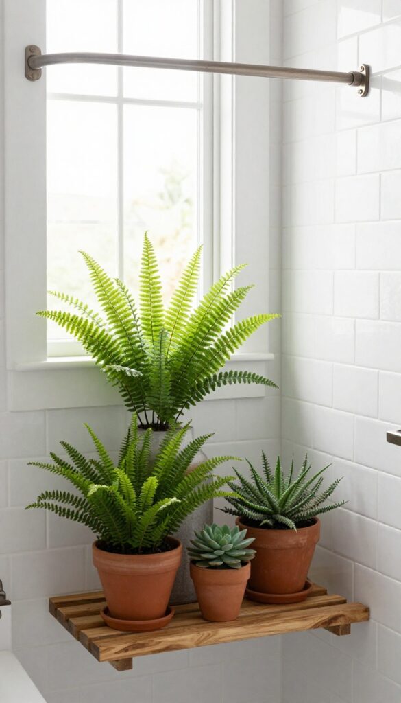 Farmhouse bathroom shower with water-resistant plants in terracotta pots on a wooden caddy, showcasing greenery in a bright, clean setting.
