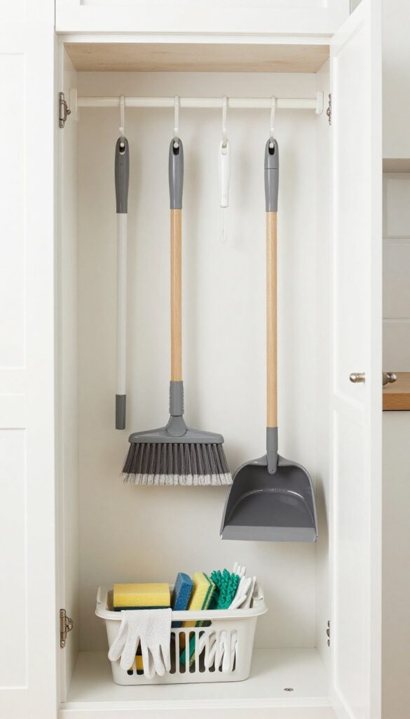 Over-the-door rack holding cleaning tools in a small pantry