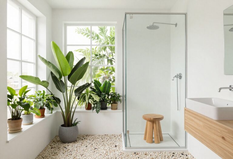 Teak shower stool on a pebble floor in a bright bathroom with plants