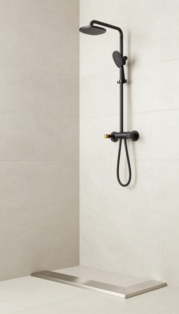 A metal strip threshold in a modern bathroom with industrial chic style, featuring brushed nickel metal, concrete-look tiles, and matte black fixtures.