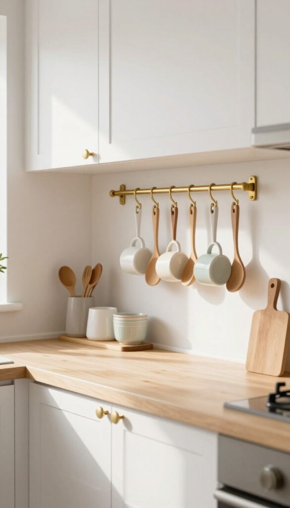 Under-cabinet hooks holding mugs and utensils in a bright modern kitchen
