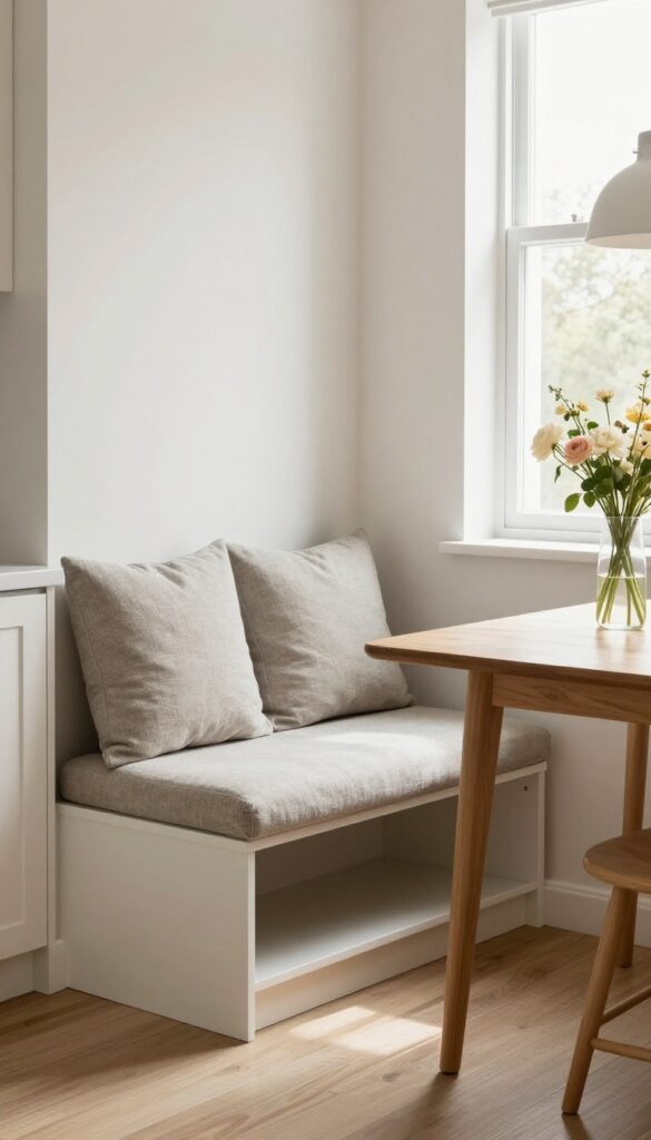 Built-in banquette with hidden storage in a bright kitchen corner