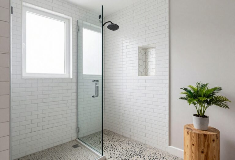 Small bathroom with a stand-up shower featuring white subway tile, dark grout, frameless glass, pebble floor, and teak stool.