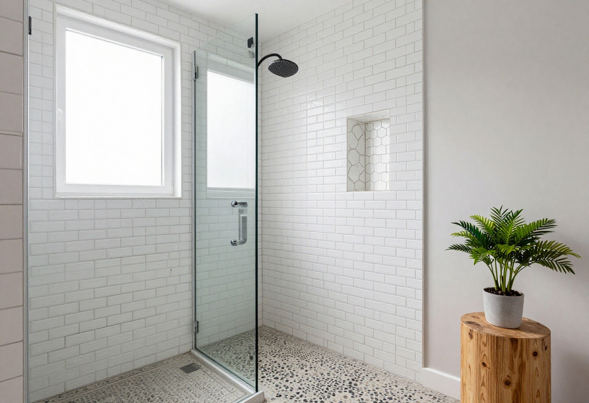 Small bathroom with a stand-up shower featuring white subway tile, dark grout, frameless glass, pebble floor, and teak stool.