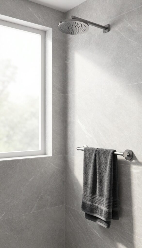 Gray onyx shower with monochromatic design, natural light, and sleek fixtures
