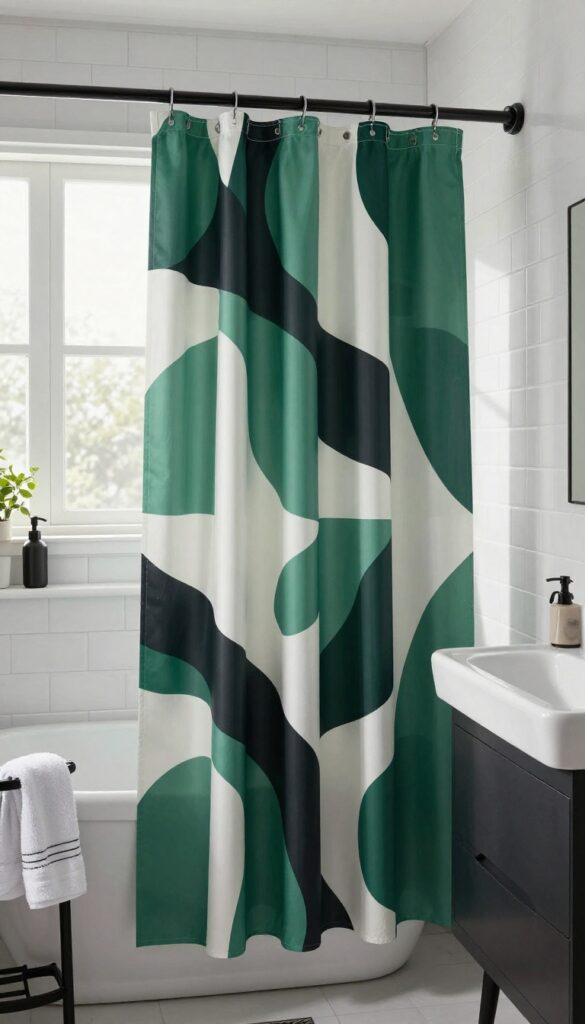 Dark green and black abstract print shower curtain in a bright bathroom with white subway tile and natural light.