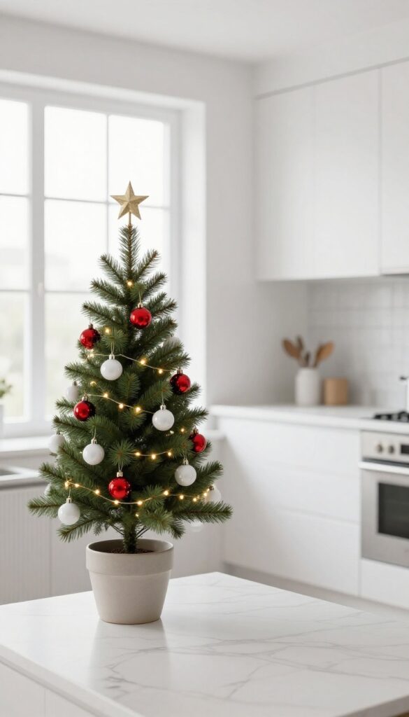 A mini Christmas tree on a kitchen counter decorated with red and white ornaments and a star topper, in a bright modern kitchen with natural light.