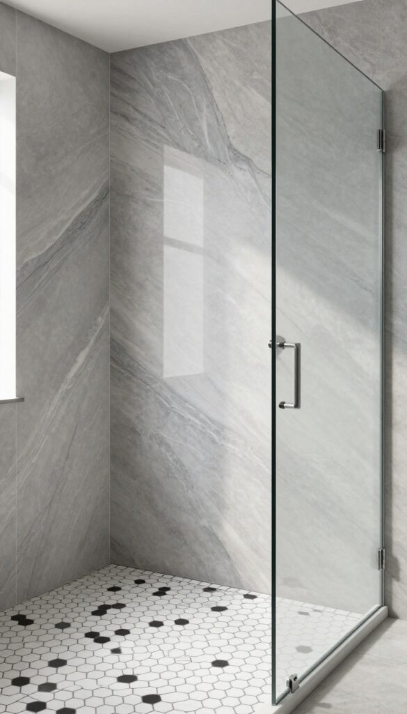 Modern shower with gray onyx wall and black and white hexagonal floor tiles