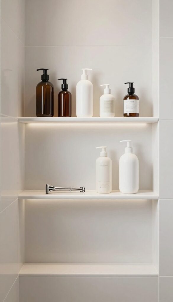 A multi-level shower niche with tiered shelves organizing shampoos, razors, and body wash bottles in contrasting tile textures under subtle LED lighting.