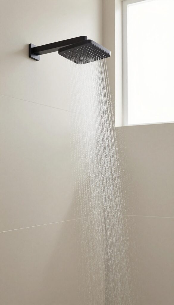 A minimalist walk-in shower with an overhead rainfall showerhead in matte black, showcasing clean design and natural light for a spa-like bathroom upgrade.