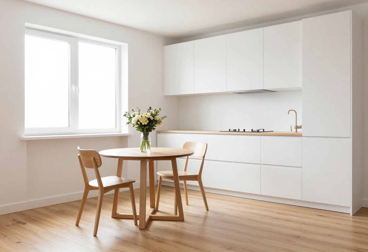 Small round wooden kitchen table with two chairs in a bright modern kitchen corner