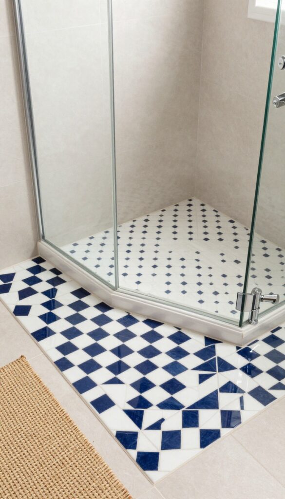 Close-up of a bathroom shower floor with bold geometric pattern tiles in navy and white against neutral walls and chrome fixtures