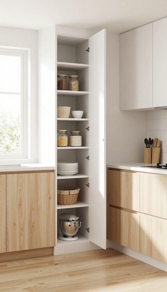 Galley kitchen with pass-through pantry featuring open shelving and natural light