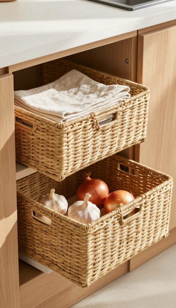 Open kitchen drawer with woven baskets storing linens and produce