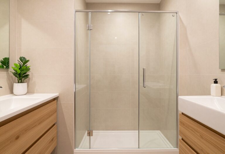Corner glass shower in a small bathroom with warm beige tiles, wood shelves, and soft lighting, making the space feel open and cozy.