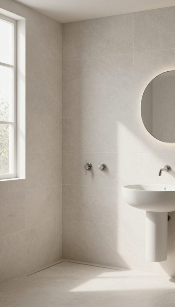 A curved half wall in a shower area with pale gray stone tiles, providing soft separation and a spa-like feel in a bright bathroom.
