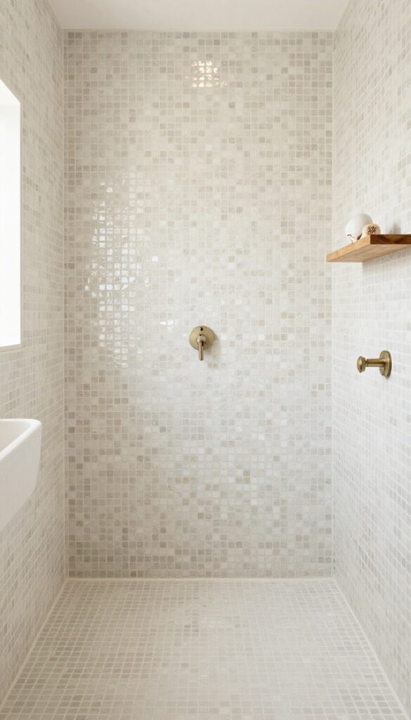 A coastal shower with textured mosaic tiles in sandy colors under bright natural light, featuring simple fixtures and natural accents for a beachy feel.