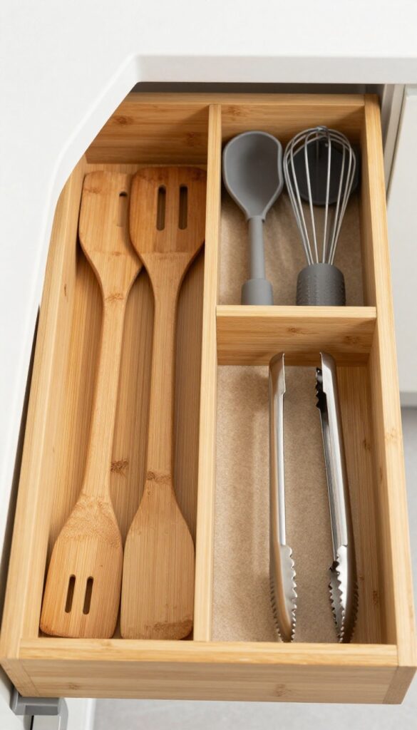 Deep kitchen drawer with bamboo dividers organizing utensils neatly