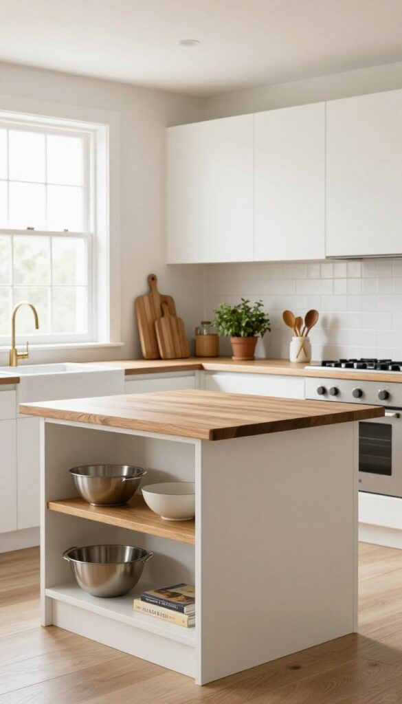 Rolling kitchen island with butcher block top in a bright modern kitchen