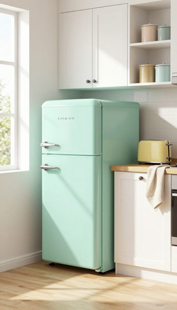 Cozy vintage kitchen with mint green retro refrigerator and pale yellow toaster, bright natural light, wood accents.