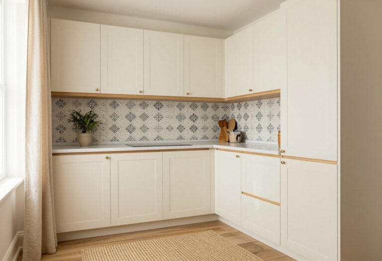 Cozy cream kitchen with wood shelves, marble countertops, and a patterned backsplash