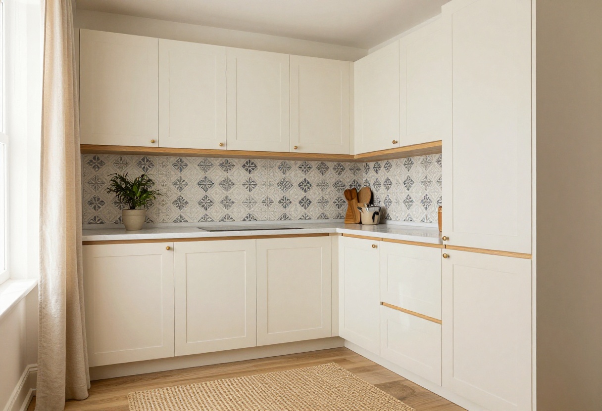 Cozy cream kitchen with wood shelves, marble countertops, and a patterned backsplash